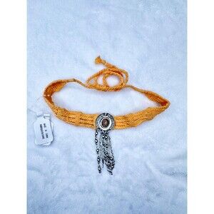 NEW Free People Bohemian Crochet Braided Peach Tie Necklace Silver Beads Tassel